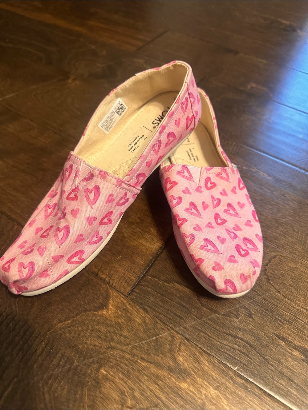 Toms Pink Canvas Slip-Ons with Hot Pink Heart Print
